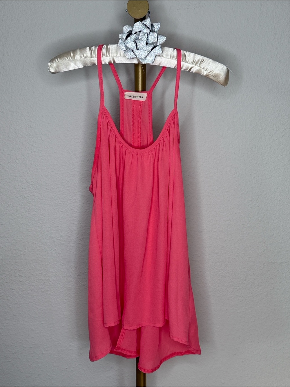 Green Pea Coral Chiffon Racerback Tank Blouse High Low Spaghetti Strap Small